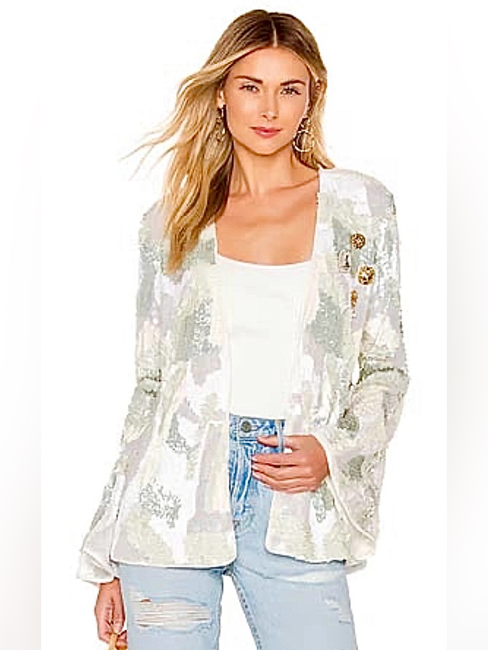 New House Of Harlow 1960 Jolie Sequins & Brooches Jacket White Slate M Msrp $458